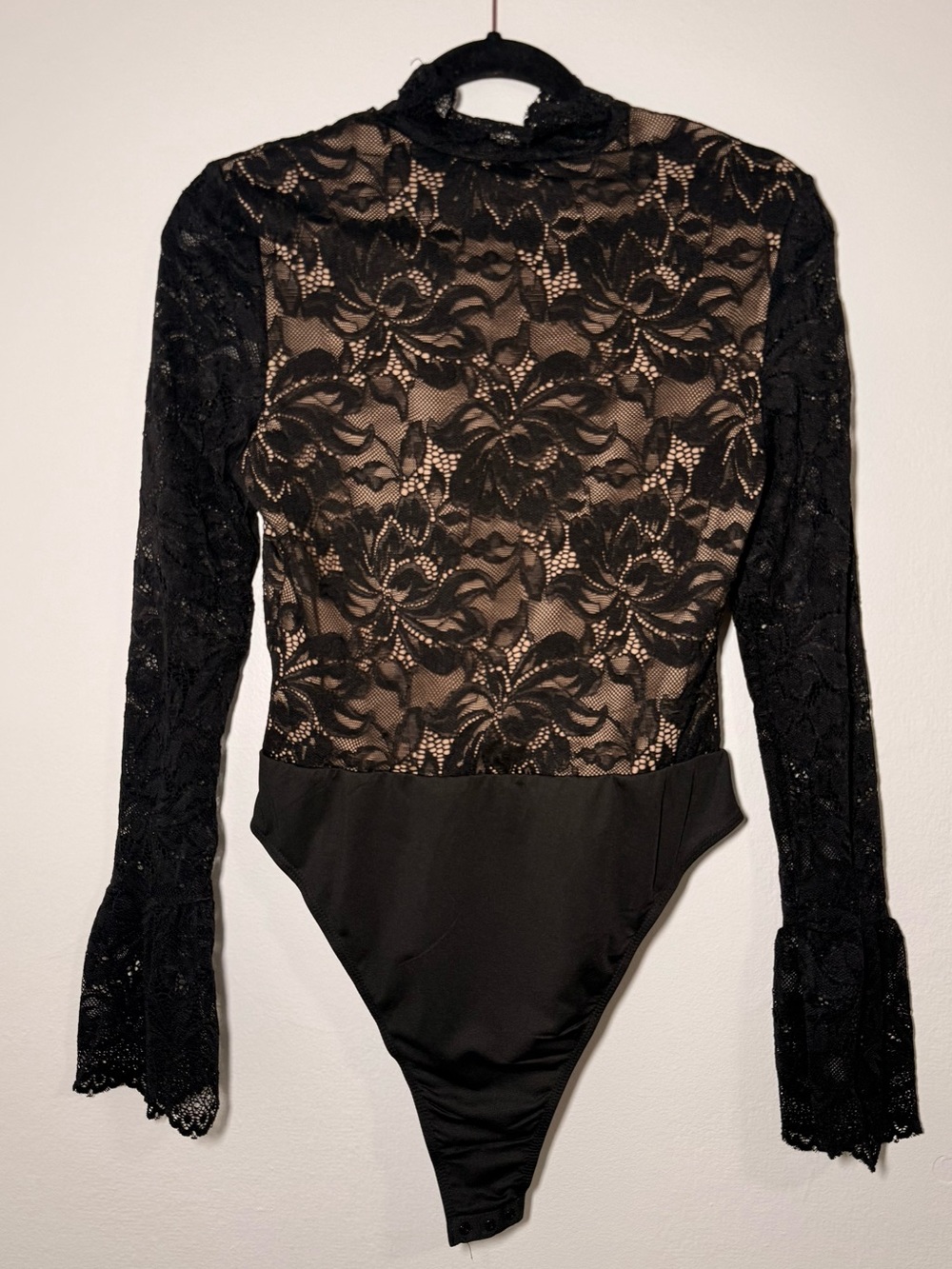 CIDER Floral Lace Stand Collar Ruffle Long Sleeve Bodysuit Women's Black small S
